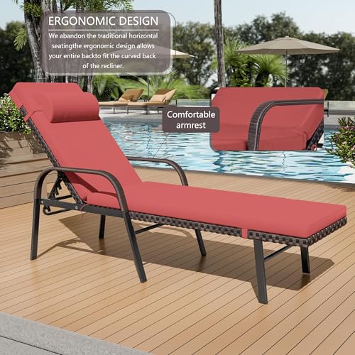 ASJMR Patio Chaise Lounge Set 3 Pieces Outdoor Lounge Chair with Rattan Adjustable Backrest Armrest and Folding Table for Beach Patio,Sand, for Poolside Backyard Porch