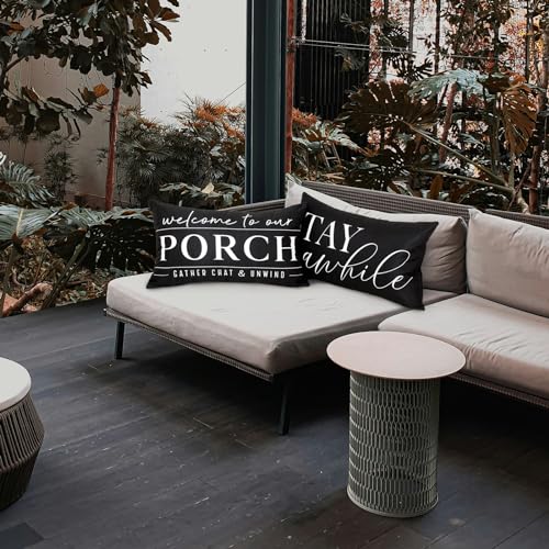 TAJWE Outdoor Pillow Covers Waterproof 12x20 Set of 2 Black and White Decorative Welcome to Our Porch Stay Awhile Cushion Cases for Patio Furniture Sofa Couch Decor