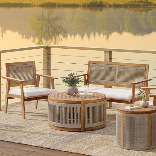 LuxenHome Outdoor Coffee Table, 31'' Acacia Wood Rope Drum Round Sides Patio Tables, Modern Farmhouse Garden Coffee Table, Outdoor Furniture for Porch, Balcony, Outside Furniture