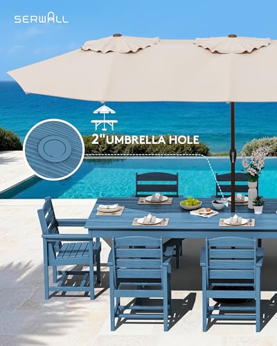 SERWALL 9 Piece Outdoor Dining Set, 84" HDPE Outdoor Table and Chairs for 8，All Weather Patio Furniture Set with Umbrella Hole for Backyard, Garden, Blue
