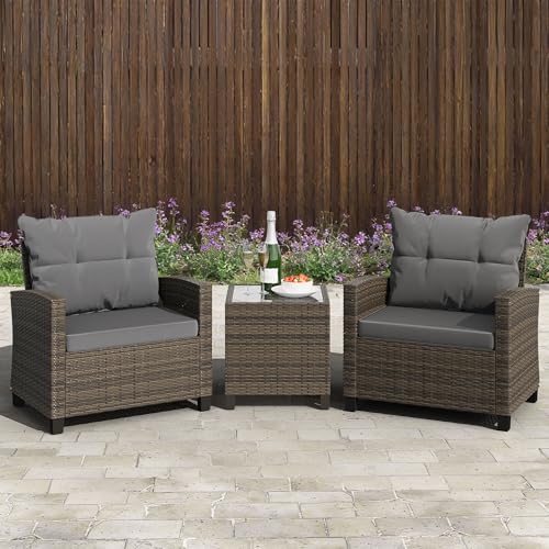 Shintenchi 3 Pieces Patio Furniture Set 3 Pieces PE Rattan Wicker Chairs with Table Outdoor Furniture for Backyard/Garden/Poolside/Outdoor Restaurant Gary Rattan with Gary Cushion
