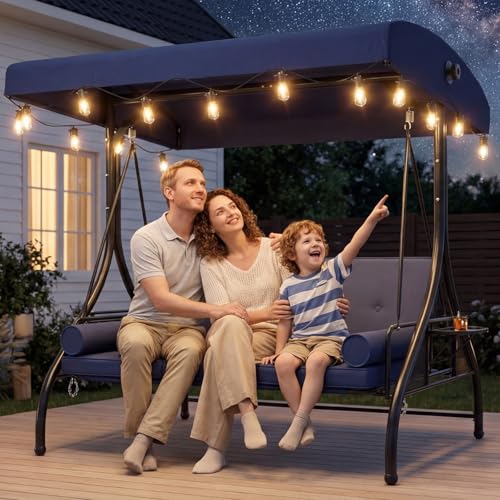 Aoxun Outdoor Porch Swing with Stand and Canopy, 3 Seats Outdoor Swings for Adults, Convertible 2 in 1 Swing Bed with Cup Holder, Patio Swings with Thicken Cushions for Garden, Yard & Balcony, Blue