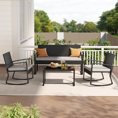 Ahomly 4 Piece Outdoor Patio Furniture Set, Wicker Patio Furniture with Glass Coffee Table, Rocking Wicker Bistro Set, for Backyard, Poolside, Porch (Grey)