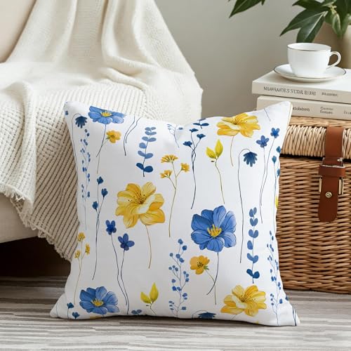 Waiyear Navy Blue Yellow Floral Outdoor Pillow Covers 18x18 Watercolor Flower Decorative Waterproof Throw Pillow Cover for Patio Funiture Garden Bench Balcony Sofa Couch Spring Summer Decor Set of 2