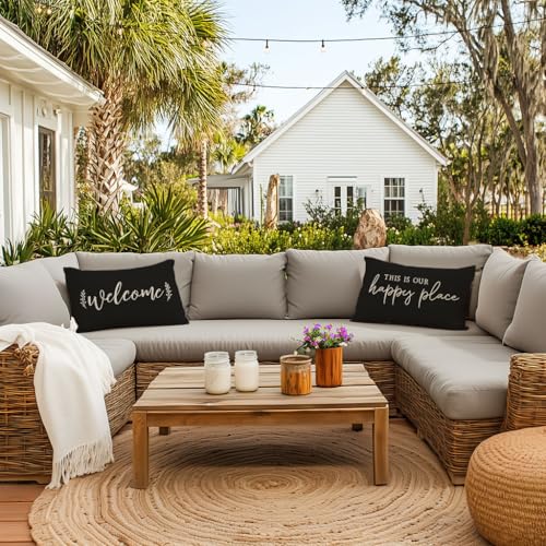 PANDICORN Farmhouse Throw Pillow Covers 12x20 Set of 2 Welcome This is Our Happy Place Black Outdoor Back Front Porch Patio Decorations Lumbar Decorative Throw Pillows Cases for Home Couch Bench Decor