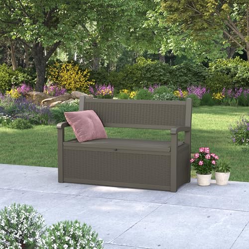 GULAIMOAO 80 Gallon Outdoor Storage Box, Resin Patio Furniture with Armrest, Lockable Deck Box with Waterproof and UV Resistant for Patio Cushions, Garden Tools and Pool Supplies, Grey