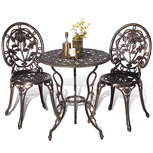 HOMEFUN Bistro Table and Chairs Set of 2 Outdoor 3 Piece Patio Set, Rose Pattern Cast Aluminum Bistro for Garden Balcony, Durable Rust All-Weather Resistance, Rose Bronze
