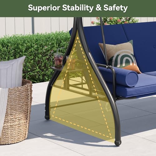 Aoxun Outdoor Porch Swing with Stand and Canopy, 3 Seats Outdoor Swings for Adults, Convertible 2 in 1 Swing Bed with Cup Holder, Patio Swings with Thicken Cushions for Garden, Yard & Balcony, Blue