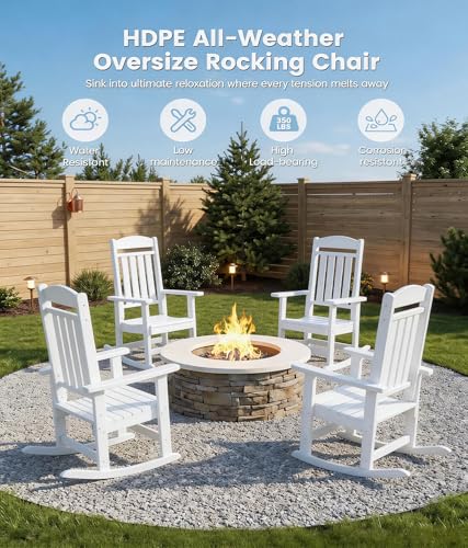 FOOWIN Patio Rocking Chairs Set of 2,HDPE High Back Porch Rocker,All Weather Resistant Poly Lumber Outdoor Porch Rocker, Rocking Chairs for Outdoor, Indoor, Patio, Deck, Garden White