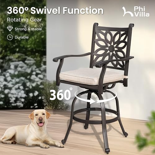 PHI VILLA Patio Furniture Set, Brown 3Pcs Cast Aluminum High Top Table and Swivel Bar Stools with Cushion, Pub Bistro Set for Outdoor