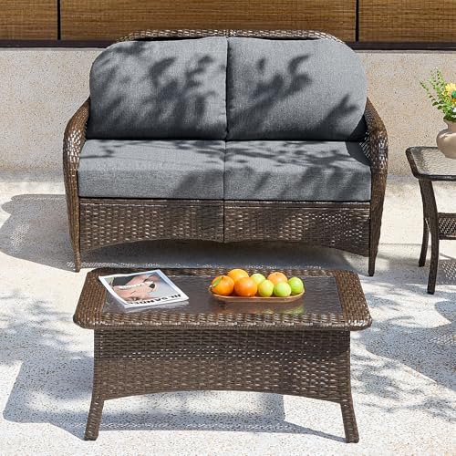 Tribesigns Outdoor Wicker Loveseat with 5.5'' Thick Cushions, 2-Seater Patio Sofa with 26.8'' Deep Seat, All-Weather Patio Wicker Loveseat for Porch, Deck, Backyard, Poolside, Gray/Brown
