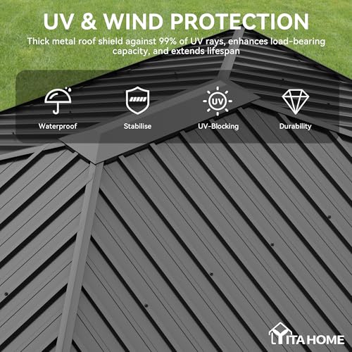 YITAHOME 10'X12' Single Hardtop Gazebo Metal Outdoor Patio Galvanized Iron Aluminum Column Garden Tent Curtains Netting for Backyards Decks Lawns,Gray