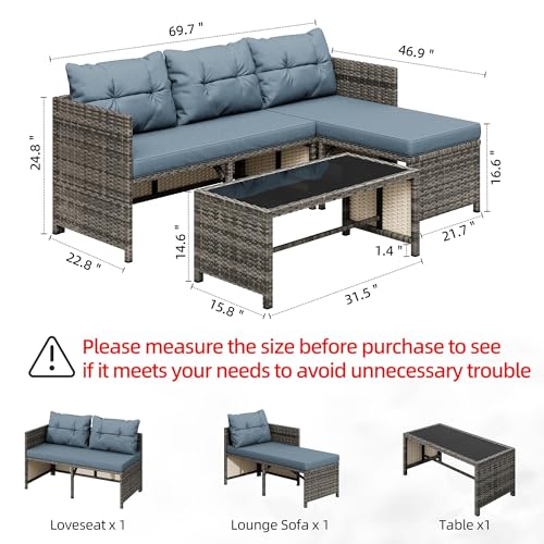 Shintenchi 3 Pieces Outdoor Patio Furniture Sets, Wicker Patio Conversation Sets, All Weather Wicker Rattan Patio Seating Sofas with Glass Coffee Table and Cushion, Blue-Gray
