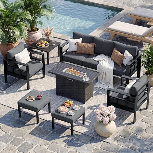UDPATIO Aluminum Outdoor Furniture Set with 2 Ottomans and Fire Pit Table, 7 Pieces All-Weather & UV-Resistant Patio Sectional Sofa Set for Deck, Backyard, Poolside, Dark Gray
