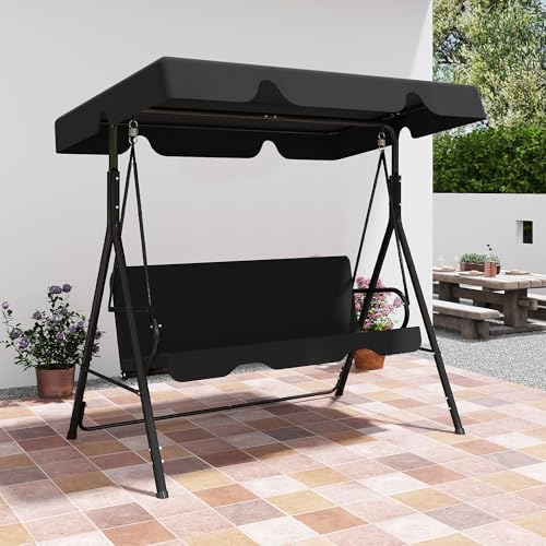 Murago Outdoor Patio Swing Chair with Adjustable Canopy, Outdoor Patio Glider Swing with Heavy Duty Stand for 3 Adult Persons, Ideal for Deck, Lawn, Backyard, or Porch, Black