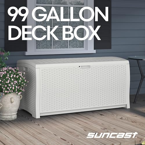Suncast 99 Gallon Wicker Horizontal Outdoor Deck Box with Hinged Lid, Water-Resistant Storage Solution for Patio, Deck, Yard, and Garage, White, Made in the USA