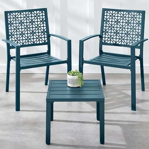 Best Choice Products 3-Piece Outdoor Bistro Set, Stackable Modern Steel Furniture for Porch, Garden w/ 2 Chairs, Table, Geometric Decor - Peacock Blue