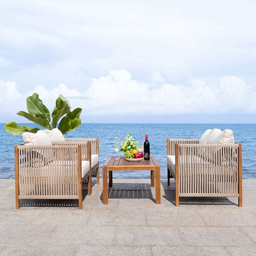 SAFAVIEH Outdoor Collection Roya Natural/Taupe Solid Wood 4-Piece Conversation Set