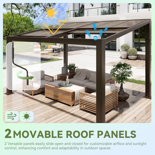 HOMMOW Gazebo 10’x13‘ with Adjustable Polycarbonate Roofs, All Aluminum Frame Permanent Pergola for Patio, Outdoor Freestanding Shelter, Dark Brown