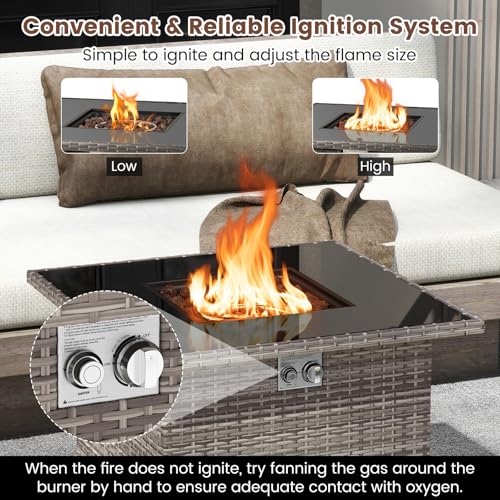 Tangkula 32.5 Inch Propane Fire Pit Table, Outdoor Rattan Gas Firepit with Tempered Glass Tabletop & Stainless Steel Burner, Square Fire Pit with Lava Rocks & Protective Cover for Outside Patio