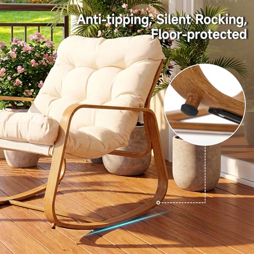 ONBRILL Rocking Chair with Thick Cushion Outdoor Indoor, Premium Iron Wood Grain Patio Papasan Rocker, Cozy Rocker for Garden, Balcony, Living Room, Bedroom