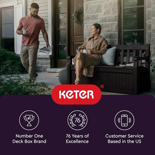 Keter Solana 70 Gallon Storage Bench Deck Box for Patio Furniture, Front Porch Decor and Outdoor Seating – Perfect to Store Garden Tools and Pool Toys, Brown/Brown