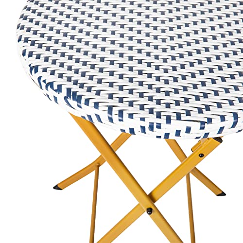 Flash Furniture Rouen Commercial Grade Folding Bistro Set, Indoor/Outdoor PE Rattan Table Top, Back and Seat, Natural Steel Frames, 3 Piece Set, Navy/White