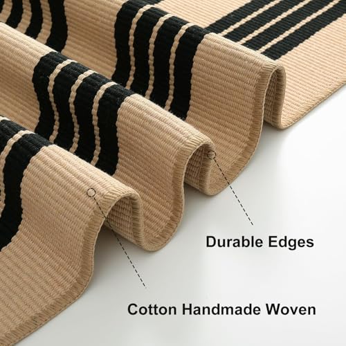 OJIA Outdoor Rug 3'x5', Black and Tan Area Rug Machine Washable Rugs Cotton Hand Woven Entry Rug Indoor Outdoor Striped Carpet for Front Porch/Deck/Backyard/Camping/Outdoor Decor