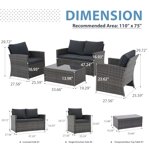 JOIVI 4 Piece Outdoor Patio Furniture Set, All-Weather Wicker Patio Conversation Set, PE Rattan Sofa Set with Loveseat Chair and Tempered Glass Coffee Table, Dark Gray
