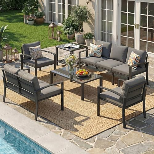 U-MAX Aluminum Patio Furniture Set 7 Seats, Modern Furniture Clearance with Coffee Table & Side Table, Patio Conversation Sets with Deep Cushions for Lawn, Garden, Porch, Balcony, Dark Grey