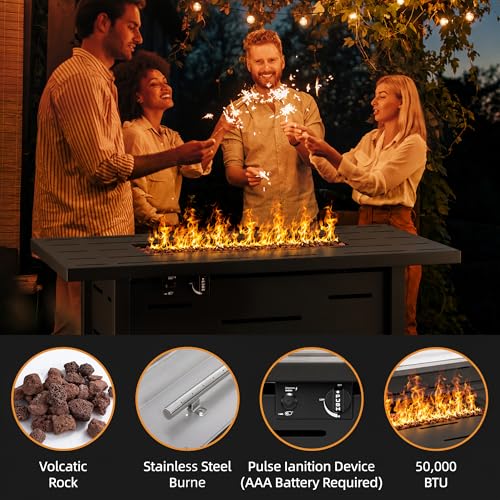 43 Inch Propane Fire Pit Table for Patio & Backyard, 50,000 BTU Steel Gas Fire Pit with Lid & Lava Rocks, Outdoor Table Heater for Deck, Garden, Smokeless Flame