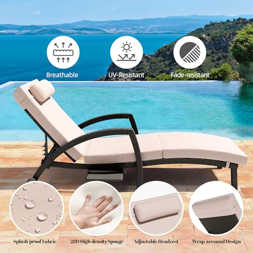 TellMagi Outdoor Chaise Lounge Chairs Set of 2, 5 Levels Adjustable Wicker Patio Pool Lounge Chair with Cushion, Pillow, Side Tray and Rubber Wheels for Backyard Deck Porch Outside (Khaki)