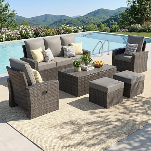Outdoor Patio Furniture Set 6 Piece Wicker Rattan Sectional Sofa Conversation Sets with Adjustable Recliner Chairs and Storage Coffee Table for Backyard Porch Balcony Garden Deck(White)