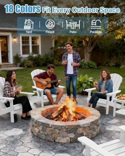 YEFU Adirondack Chair Weather Resistant: Outdoor Chair HIPS Plastic Adirondack Chairs - Patio Chairs with Wood Texture - Lawn Fire Pit Deck Porch Garden Chairs for Adults (White)