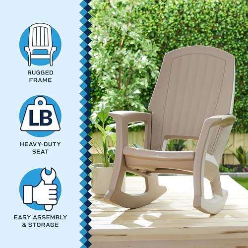 Semco Plastics Rockaway Heavy Duty Polyethylene All Weather Outdoor Rocking Chair with Backrest and Armrests for Porch, Deck and Patio, Taupe