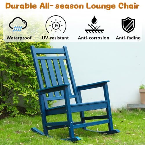Oversized Outdoor Rocking Chair with Ergonomic Backrest, HDPE Patio Racking Chairs for Front Porch Outside All Weather, 300 LBS Capacity (Single, Navy Blue)