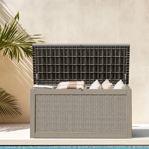 DWVO 320 Gallon Resin Outdoor Storage Box, XXL Large Waterproof Deck Box, Doubles as Table or Seating with 1000 lbs Capacity, Lockable (Brown)