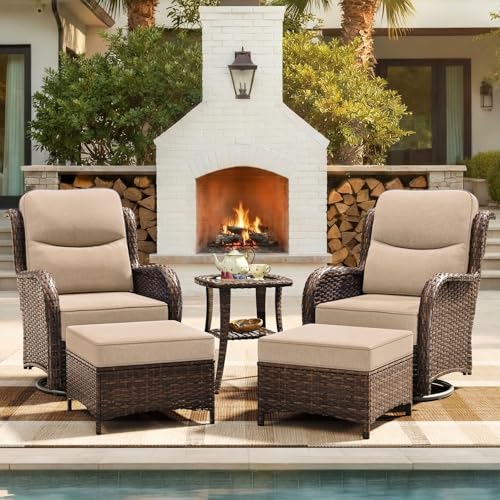 HILLGA 5-Piece Luxury Patio Furniture Set with 6" Thick Cushions, Weather-Resistant Wicker High Back Swivel Rocker Chairs, Senior-Friendly Conversation Set for Small Porch, Deck and Sunroom, Beige(V2)
