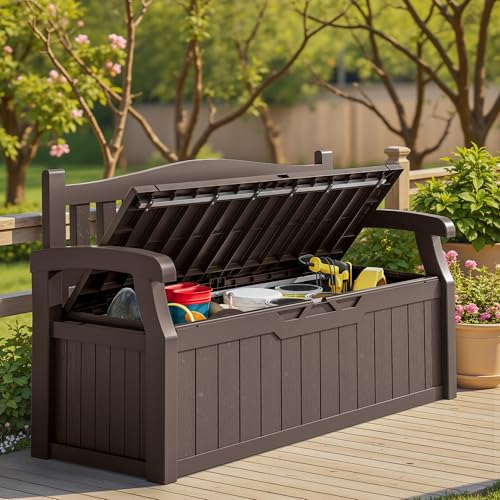 Homall 75 Gallon Outdoor Storage Benches Lockable Deck Box with Waterproof and UV Resistant, Waterproof Storage Box for Patio Furniture, Tools, Cushions (Brown)
