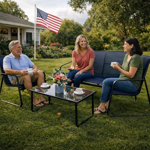 Kozyard Sofia 4-Piece Patio Conversation Set, Outdoor Furniture Set with Loveseat, 2 Chairs & Table, Breathable Textilene Seating, Powder-Coated Metal Frame, All-Weather for Balcony Backyard Navy Blue