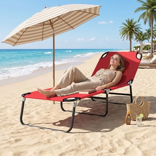 Outsunny Folding Chaise Lounge Pool Chairs, Outdoor Sun Tanning Chairs with 5-Level Reclining Back, Steel Frame for Beach, Yard, Patio, Red