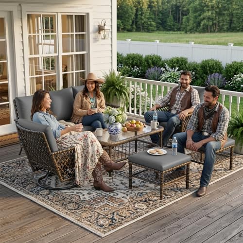 AECOJOY Patio Furniture Set Outdoor Sectional Sofa Couch and High Back Swivel Rocker Patio Chairs 6PCS Brown Wicker Conversation Set (Dark Grey, 6PCS- Whole Set)