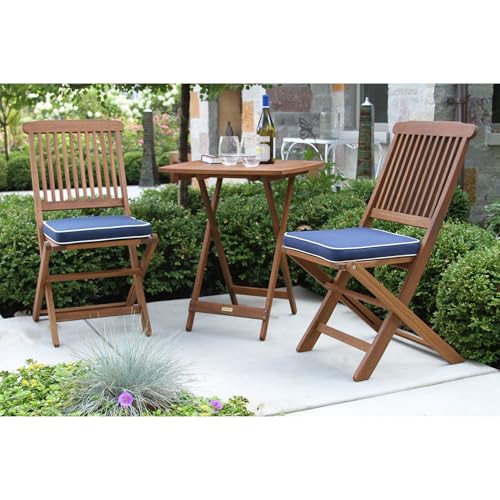Outdoor Interiors Eucalyptus Wood 3-Piece Square Foldable Bistro Outdoor Furniture Patio Set, Table and 2 Chairs with Cushions, Blue
