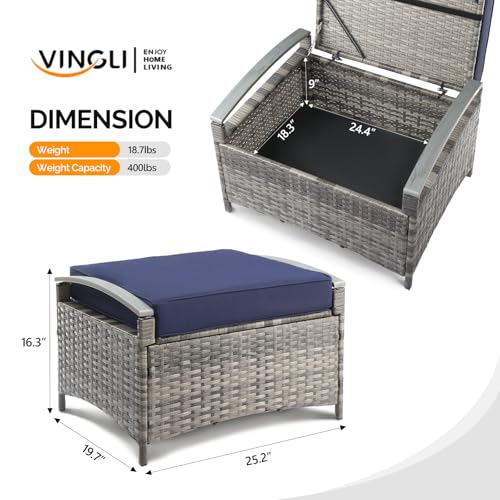 VINGLI 2 Pieces Rattan Ottoman with Storage, Wicker Patio Furniture w/Removable Cushion, Multipurpose Footrest Stool for Outdoor (Classic Gray)
