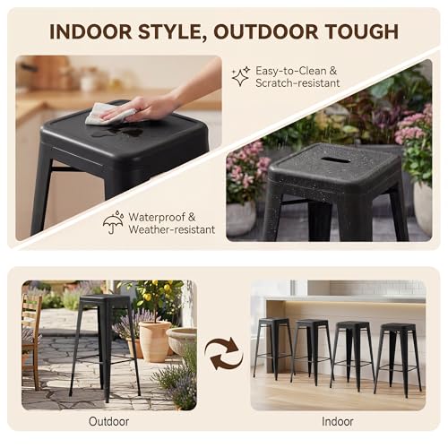 Shahoo 30 Inches Metal Bar Stools Counter Height Stackable Backless Stools, Industrial Patio Stools Indoor Outdoor Metal Kitchen Stools Set of 4 (Black)