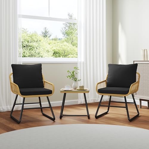 Yaheetech 3 Piece Patio Bistro Set Outdoor Wicker Bistro Furniture Sets, 2 Rattan Chairs and Glass Top Table for Patio, Balcony, Porch, Poolside, Backyard 3 PCS/Tan/Black