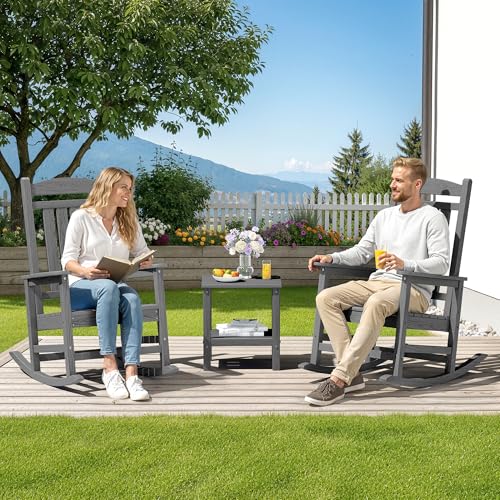 SERWALL Oversized Outdoor Rocking Chair Set of 2, HDPE Patio Rocking Chair, All-Weather Porch Rocker for Balcony, Yard, Dark Gray