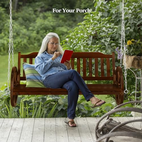 VINGLI Farmhouse Style Porch Swing, 5 FT Wooden Porch Swing Outdoor with Wheels Hold 880 LBS, Rustic Pine Wood Hanging Swing for Countryside, Yard, Garden