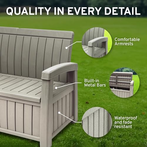 EconoHome 3 Seat Outdoor Storage Bench with Rain Cover - 90 Gallon Capacity - Weatherproof Resin Bench for Patio, Porch, Garden, Yard, Pool Area