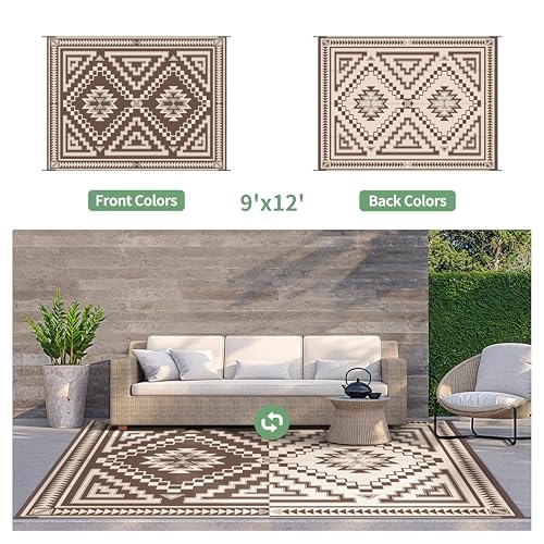 GENIMO Outdoor Rug for Patio Clearance - 9x12 ft Waterproof Plastic Camping Rugs, Reversible Outside Rv Mat Carpet for Porch, Deck, Picnic, Balcony, Beach, Backyard, Coffee Beige